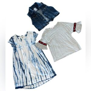 Girls 7/8 bundle tie dye dress•denim vest•grey top